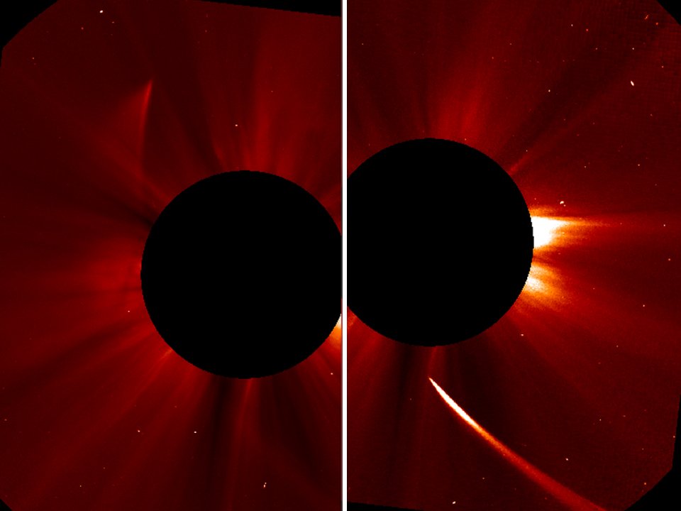 Comet ISON 2013-11-28,29 (right before sun, left pic after sun) SOHO space telescope soho-going-coming