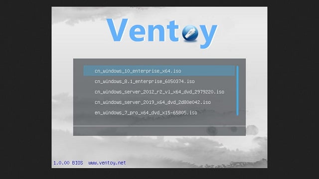 Ventoy makes multiple-ISO USB boot disks. This shows the Ventoy boot menu, listing the ISO files on the boot disk.